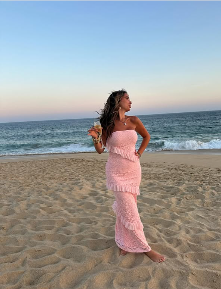 Elegante vestido de noche rosa de corte sirena, sin tirantes, con encaje y volantes, largo hasta el tobillo, TP1939