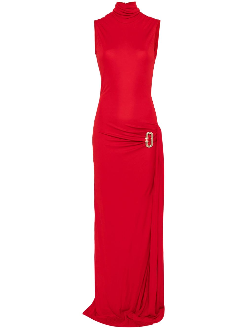 Vestido de noche formal de fiesta, largo hasta el suelo, sin mangas, cuello alto, color rojo, suave y drapeado, con abertura alta, TP1940