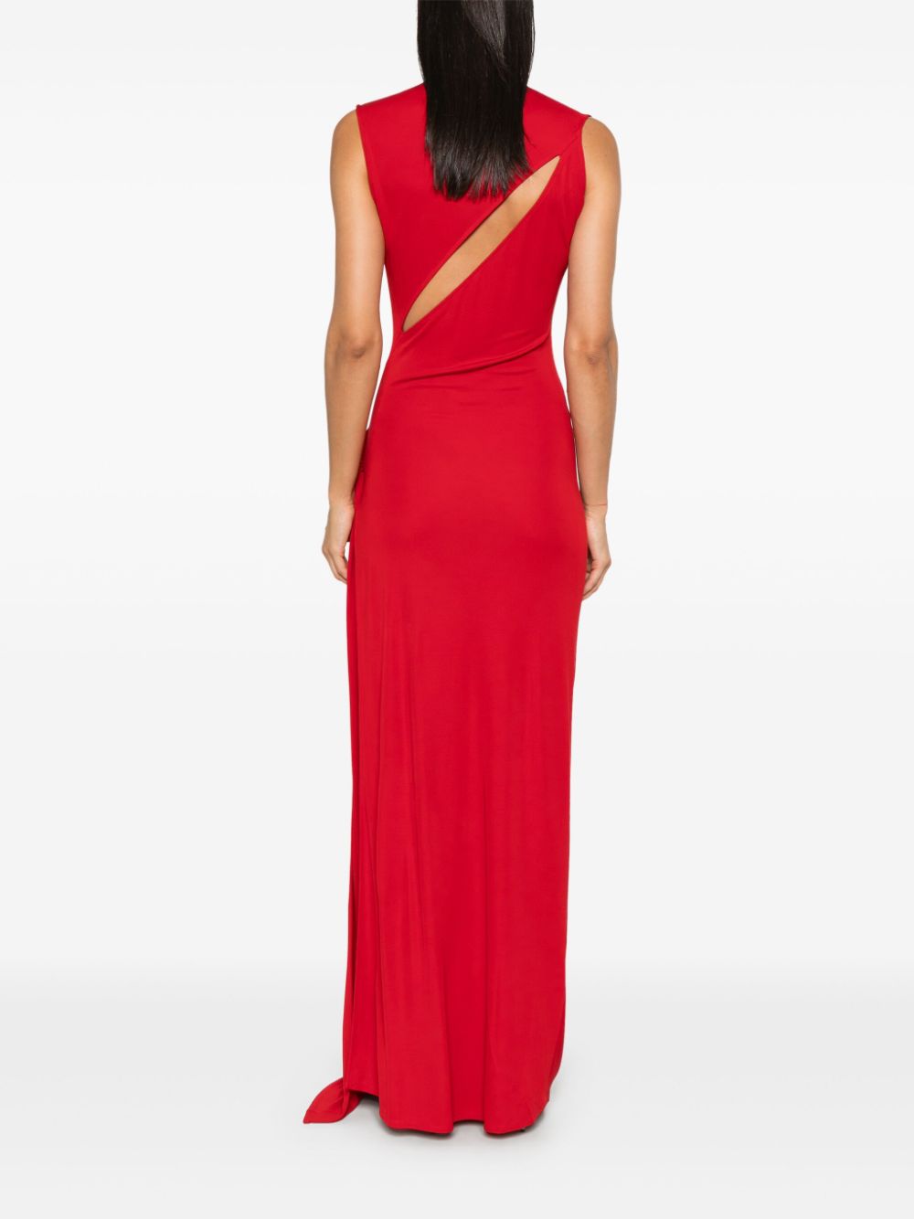 Vestido de noche formal de fiesta, largo hasta el suelo, sin mangas, cuello alto, color rojo, suave y drapeado, con abertura alta, TP1940