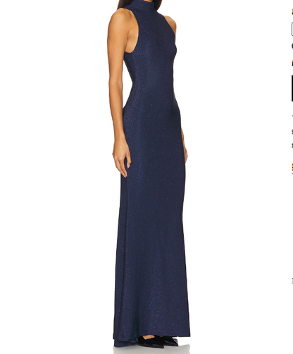 Elegante vestido de noche azul marino de corte sirena, cuello alto, sin mangas, brillante, espalda descubierta, largo hasta el suelo, formal, para fiesta de graduación, TP1942