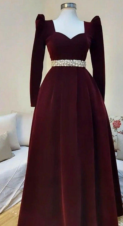 Vestido de noche burdeos de terciopelo, corte A, manga larga, con perlas, largo hasta el suelo, TP1949