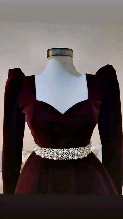 Vestido de noche burdeos de terciopelo, corte A, manga larga, con perlas, largo hasta el suelo, TP1949