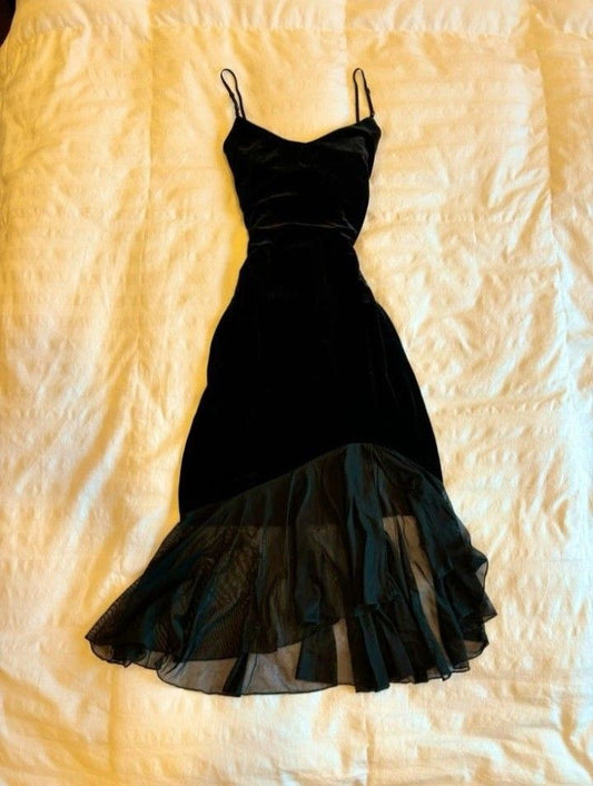 Vestido de fiesta de terciopelo negro con tirantes finos y volantes, corte A, TP1952