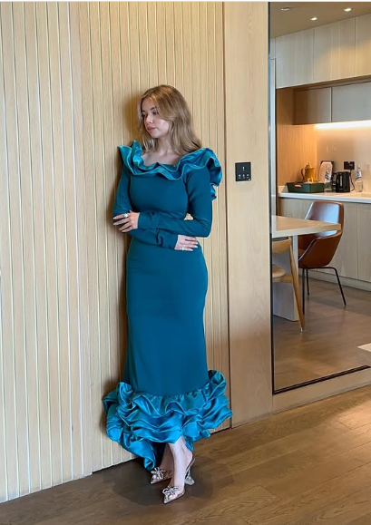 Elegante vestido de noche azul de corte sirena, manga larga, falda irregular, TP1953