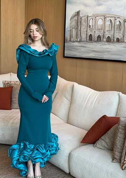 Elegante vestido de noche azul de corte sirena, manga larga, falda irregular, TP1953
