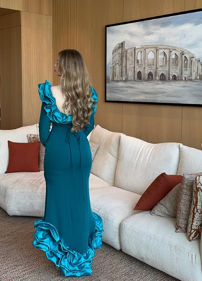 Elegante vestido de noche azul de corte sirena, manga larga, falda irregular, TP1953
