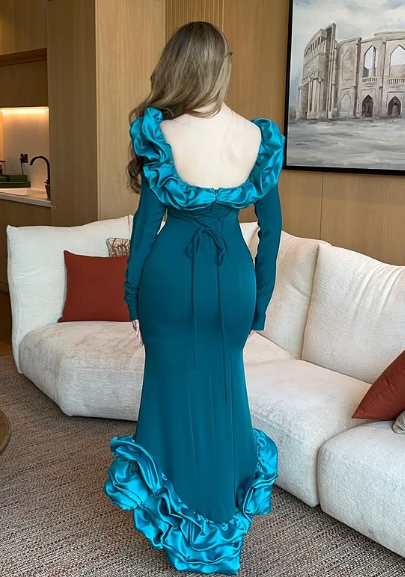 Elegante vestido de noche azul de corte sirena, manga larga, falda irregular, TP1953