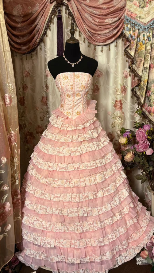 Vestido de noche vintage rosa de corte A, sin tirantes, con capas de tul y largo hasta el suelo, TP1954