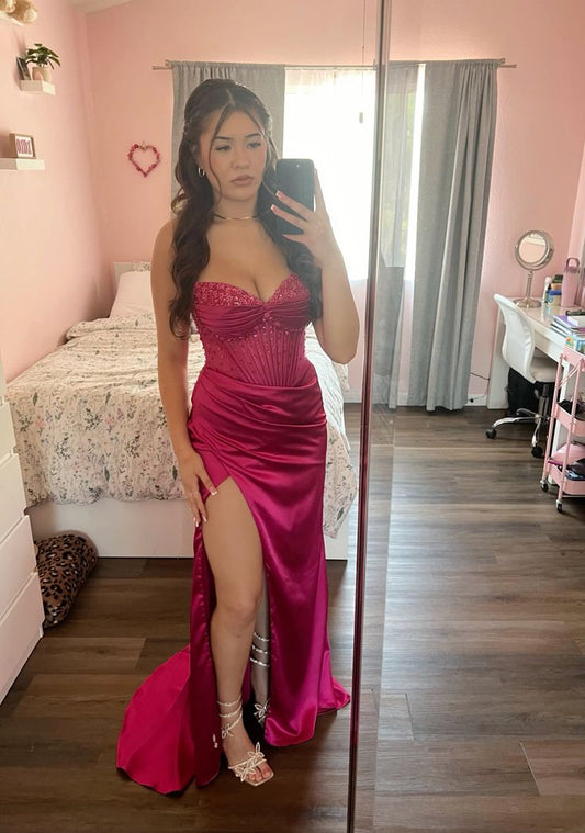 Vestido de noche de satén con abertura alta y cuello sin tirantes de sirena rosa TP1955