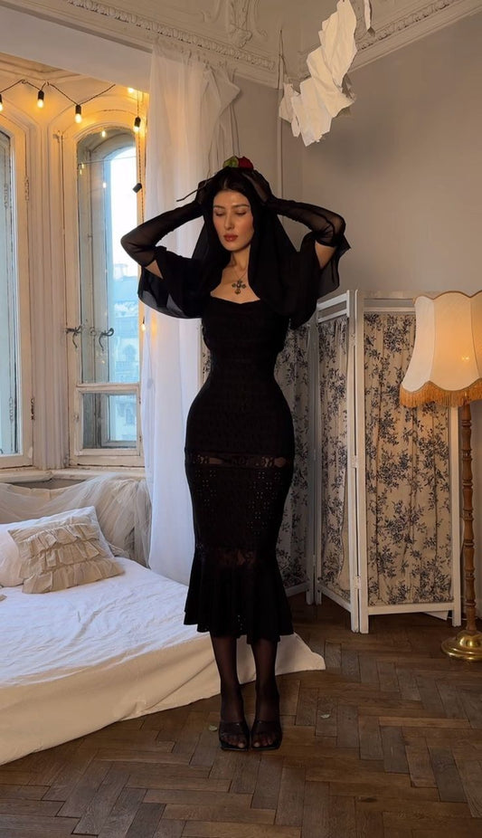 Vestido de noche sexy de sirena con encaje negro, largo hasta la rodilla, TP1957