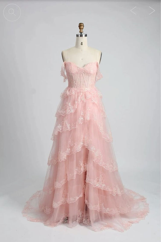 Vestido de noche formal de corte A, color rosa, con escote en forma de corazón, hombros descubiertos, ribete de tul y encaje, largo hasta el suelo, TP1958
