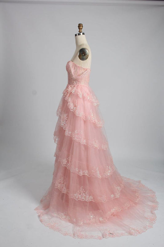 Vestido de noche formal de corte A, color rosa, con escote en forma de corazón, hombros descubiertos, ribete de tul y encaje, largo hasta el suelo, TP1958
