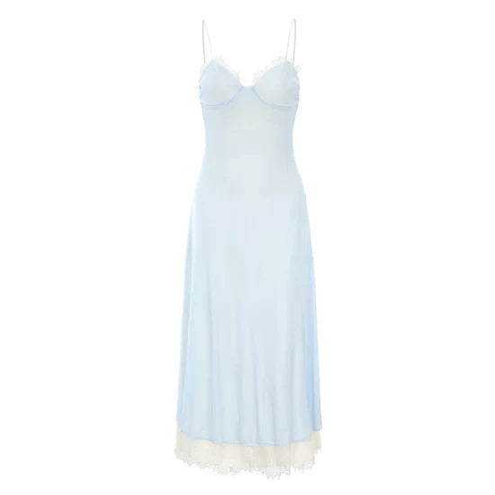 Elegant Blue Spaghetti Strap Lace Trim Ball Gown Evening Gown TP1959