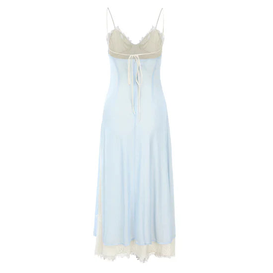 Elegant Blue Spaghetti Strap Lace Trim Ball Gown Evening Gown TP1959