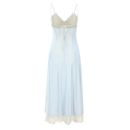 Elegant Blue Spaghetti Strap Lace Trim Ball Gown Evening Gown TP1959