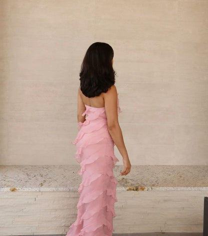 Vestido de noche de gasa suave, cuello halter, hombros descubiertos, sin mangas, con volantes escalonados, largo hasta el tobillo, TP1960