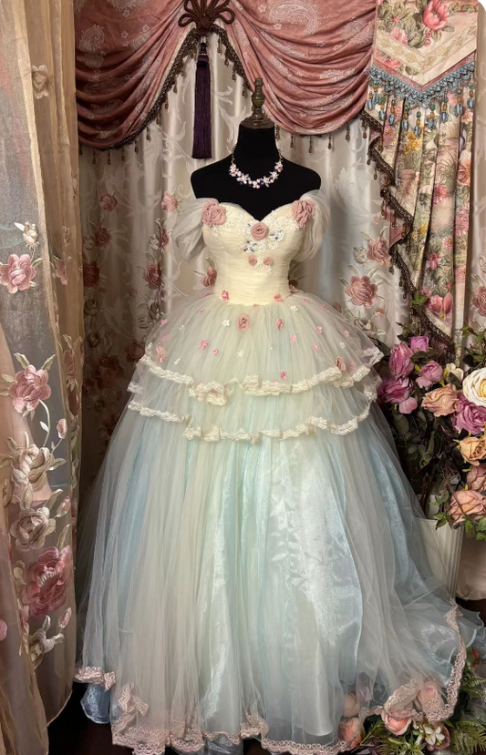 Vestido de noche para ceremonia, con hombros descubiertos, de tul y flores 3D para adultos, TP1962