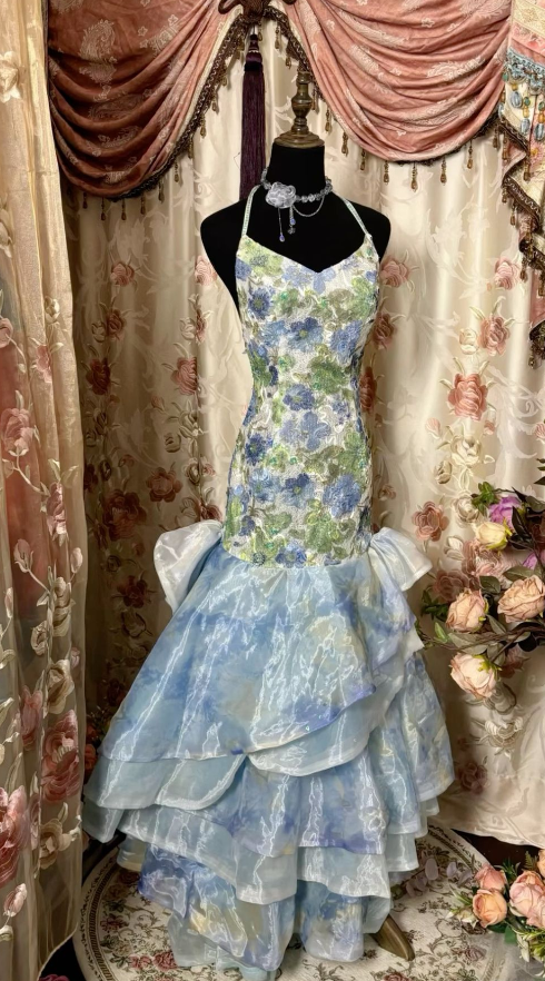 Vestido de noche elegante de sirena con cuello halter y tul hasta el suelo, con estampado de tinta, TP1965
