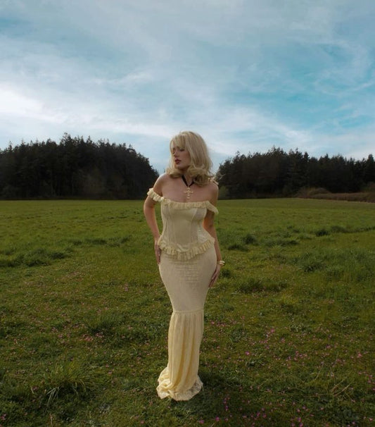 Elegante vestido de noche amarillo claro de dos piezas con encaje de sirena y escote en V TP1966