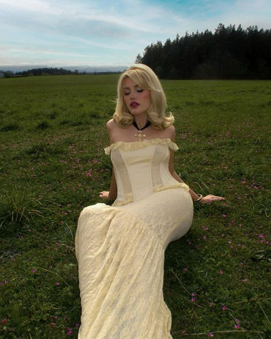 Elegante vestido de noche amarillo claro de dos piezas con encaje de sirena y escote en V TP1966