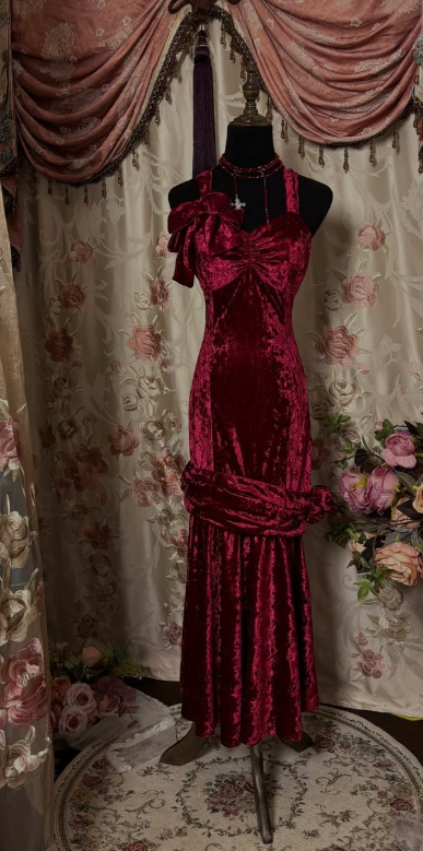 Vestido de noche vintage de terciopelo con tirantes de sirena color burdeos TP1969