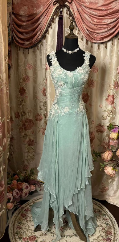Vestido de noche vintage verde con tirantes en A, encaje, cuentas y tul, TP1970
