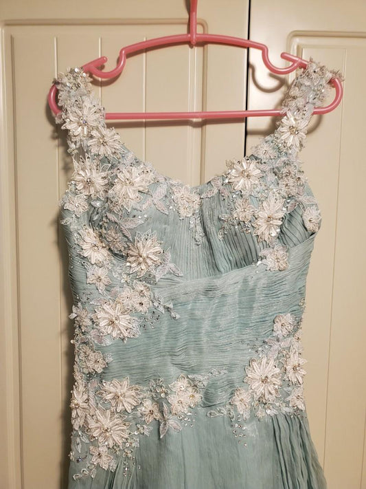Vestido de noche vintage verde con tirantes en A, encaje, cuentas y tul, TP1970