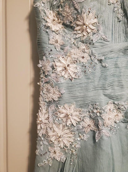 Vestido de noche vintage verde con tirantes en A, encaje, cuentas y tul, TP1970