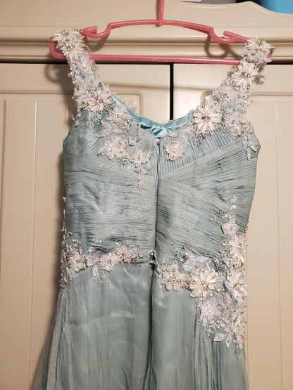 Vestido de noche vintage verde con tirantes en A, encaje, cuentas y tul, TP1970