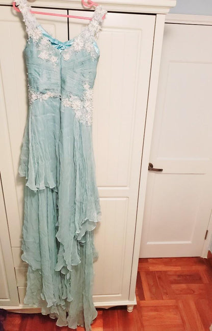 Vestido de noche vintage verde con tirantes en A, encaje, cuentas y tul, TP1970