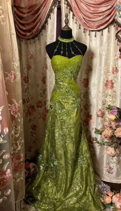Vestido de fiesta largo vintage verde sirena con hombros descubiertos y sin mangas, vestido de noche largo TP1972