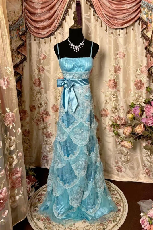 Vestido de noche largo de tul con lazo y encaje azul vintage TP1975