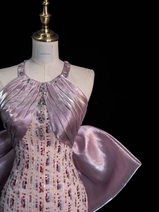 Vestido de noche elegante de sirena con hombros descubiertos, lazo de satén, lentejuelas y tul, largo hasta el suelo, TP1977