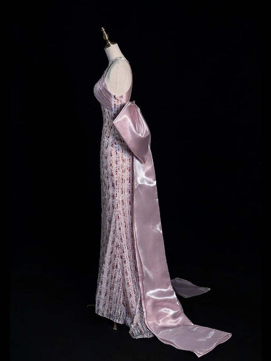 Vestido de noche elegante de sirena con hombros descubiertos, lazo de satén, lentejuelas y tul, largo hasta el suelo, TP1977