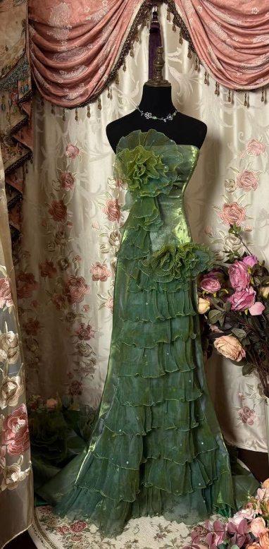 Vestido de noche vintage verde sin mangas con hombros descubiertos, estampado floral 3D de tul en capas, largo hasta el suelo, TP1979
