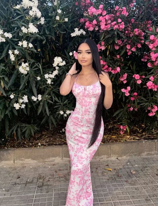 Vestido de noche rosa con escote halter y hombros descubiertos, estampado de sirena, TP1982