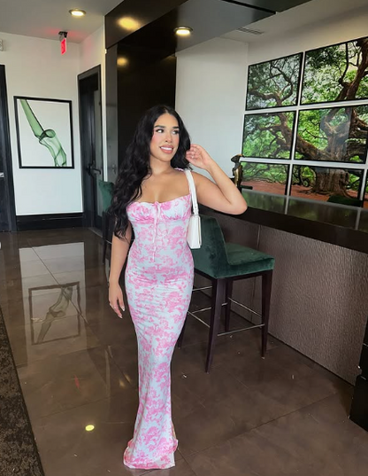 Vestido de noche rosa con escote halter y hombros descubiertos, estampado de sirena, TP1982