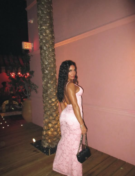 Vestido de noche sexy de sirena rosa con tirantes finos y escote en V estampado TP1983