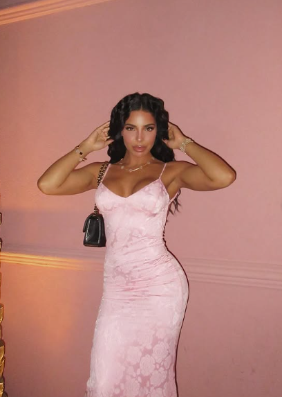 Vestido de noche sexy de sirena rosa con tirantes finos y escote en V estampado TP1983