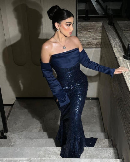 Vestido de noche azul marino de corte sirena, sin tirantes, con lentejuelas, largo hasta el suelo, para fiesta de graduación, TP1985