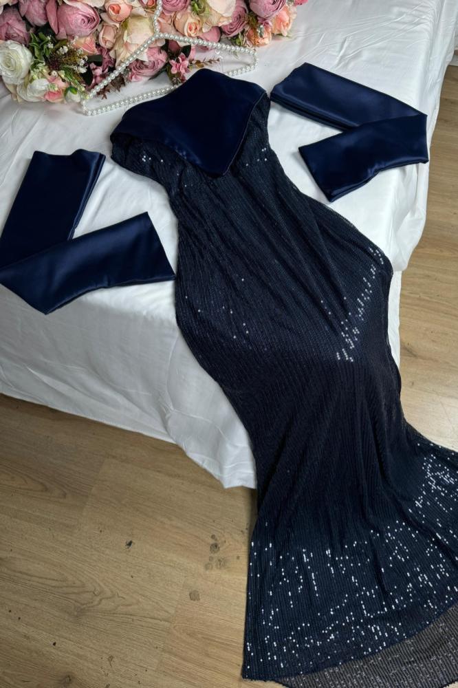 Vestido de noche azul marino de corte sirena, sin tirantes, con lentejuelas, largo hasta el suelo, para fiesta de graduación, TP1985