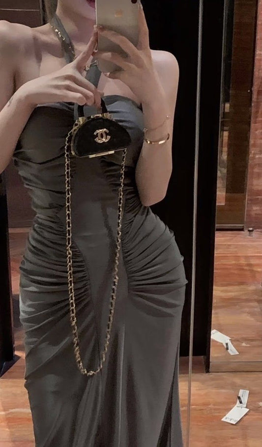 Vestido de noche sexy de sirena, ajustado, con escote halter, hombros descubiertos y abertura, color gris, TP1989