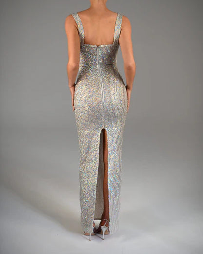 Vestido de noche sexy con tirantes finos y escote sirena color champán TP1996