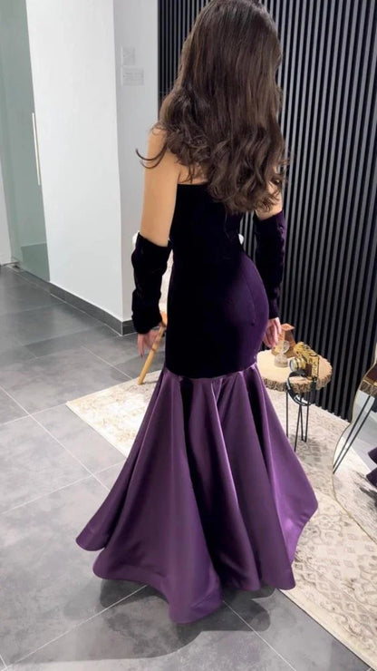 Vestido de noche con escote sirena, de satén y terciopelo morado, largo hasta el suelo, TP1997