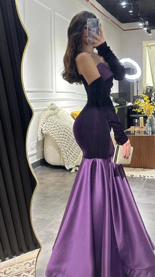 Vestido de noche con escote sirena, de satén y terciopelo morado, largo hasta el suelo, TP1997