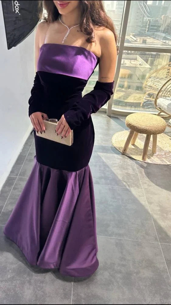 Vestido de noche con escote sirena, de satén y terciopelo morado, largo hasta el suelo, TP1997