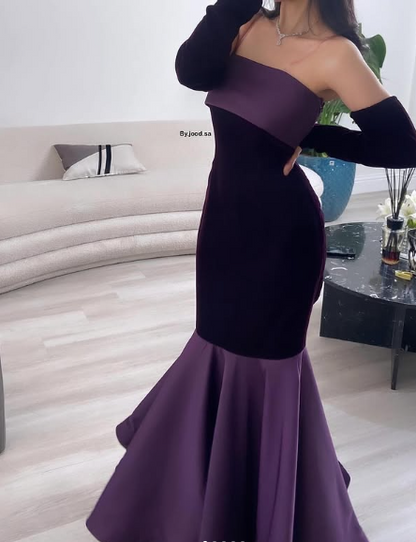 Vestido de noche con escote sirena, de satén y terciopelo morado, largo hasta el suelo, TP1997