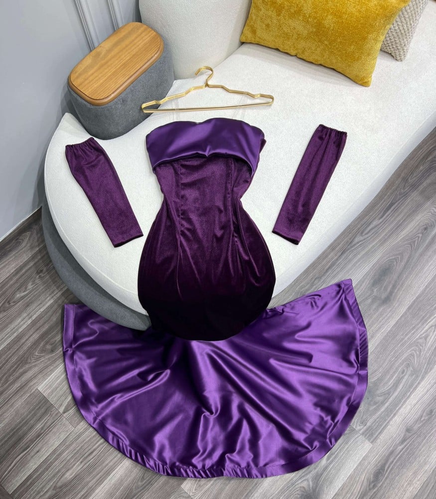 Vestido de noche con escote sirena, de satén y terciopelo morado, largo hasta el suelo, TP1997