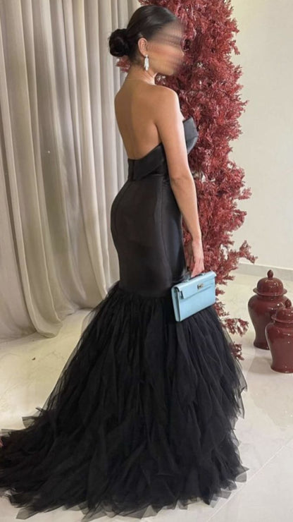 Elegante vestido de fiesta largo estilo sirena, negro, con escote corazón y hombros descubiertos TP1999