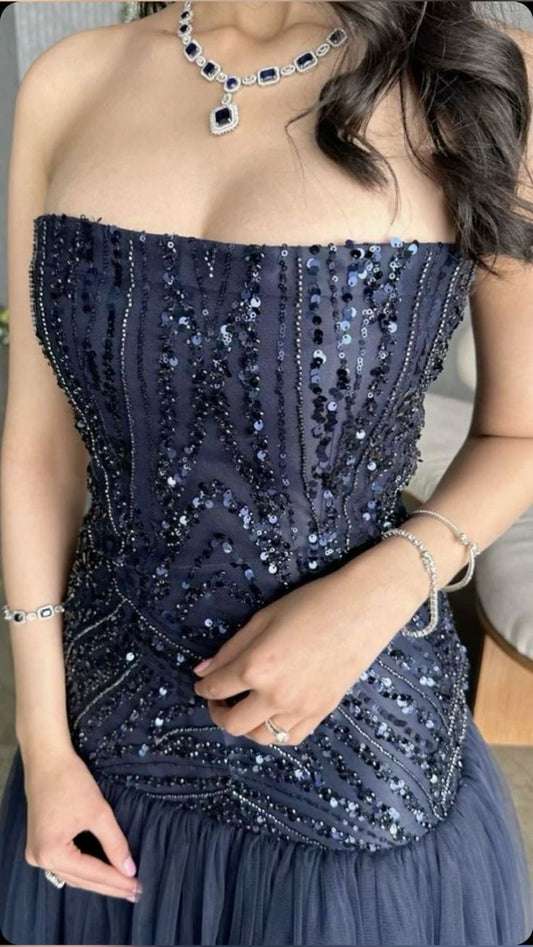 Elegante vestido de noche formal de tul con lentejuelas y corte en A, sin tirantes, TP2001